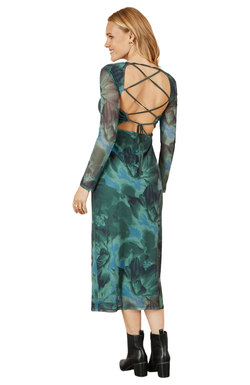 Yumi Women's Floral Mesh With Tie Back Bodycon Dress