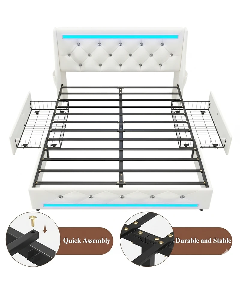 Lucky One Queen Size Bed Frame with Wingback Upholstered Diamond Headboard and 2 Storage Drawers