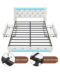 Lucky One Queen Size Bed Frame with Wingback Upholstered Diamond Headboard and 2 Storage Drawers