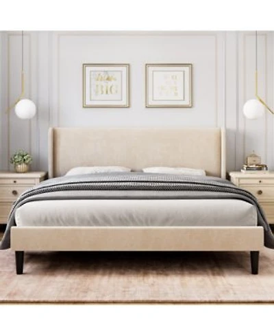 Homfan Elvet Upholstered Bed Frame With Wingback Headboard Storage Pockets Wood Slats