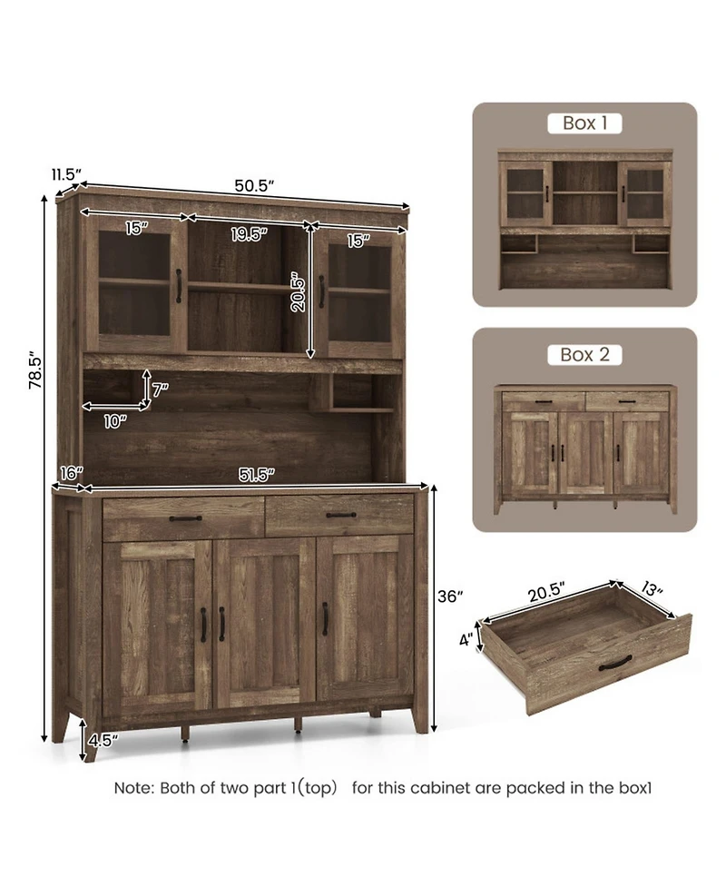 Gouun Kitchen Hutch Cabinet with Microwave Countertop and Tempered Glass Doors