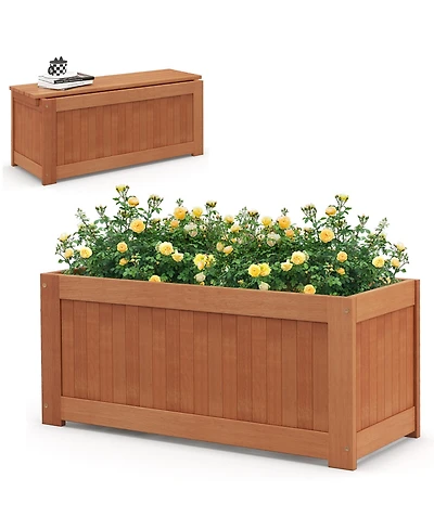 Gymax Wood Outdoor Planter Box w/ Seat 2-in-1 Wooden Raised Garden Bed and Bench