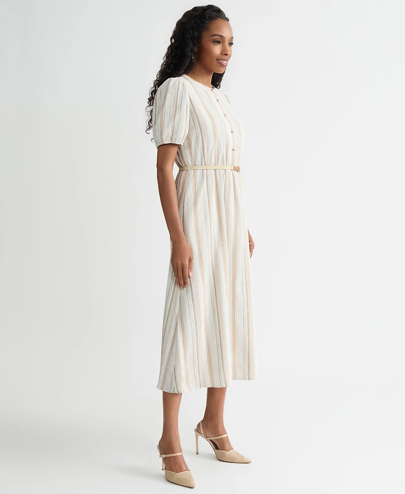Kasper Women's Striped Puff-Sleeve Midi Shirtdress