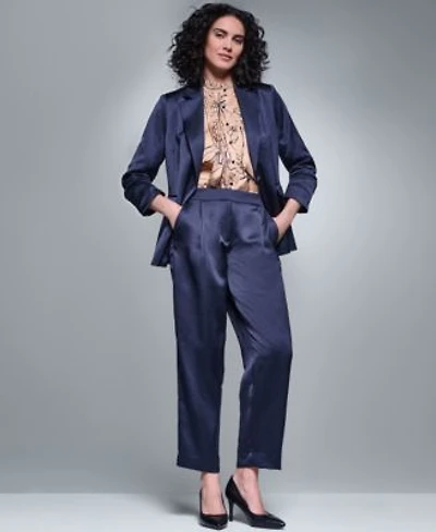 Karl Lagerfeld Paris Womens Satin 3 4 Sleeve Collared One Button Blazer Floral Long Sleeve Mock Neck Blouse Satin Mid Rise Ankle Pants