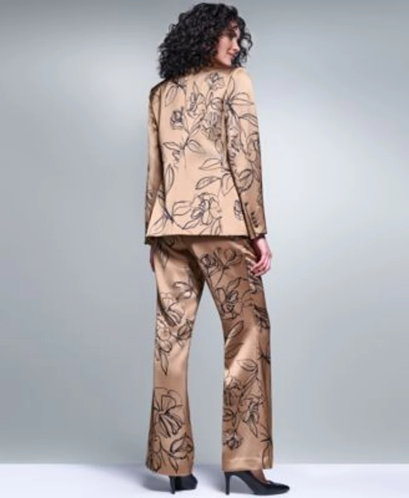 Karl Lagerfeld Paris Womens Satin Floral One Button Padded Shoulder Blazer Floral Satin Mid Rise Full Length Pants