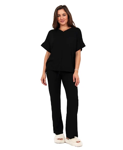 24seven Comfort Apparel Women's V-Neck Top and Drawstring Wide Leg Pant Set