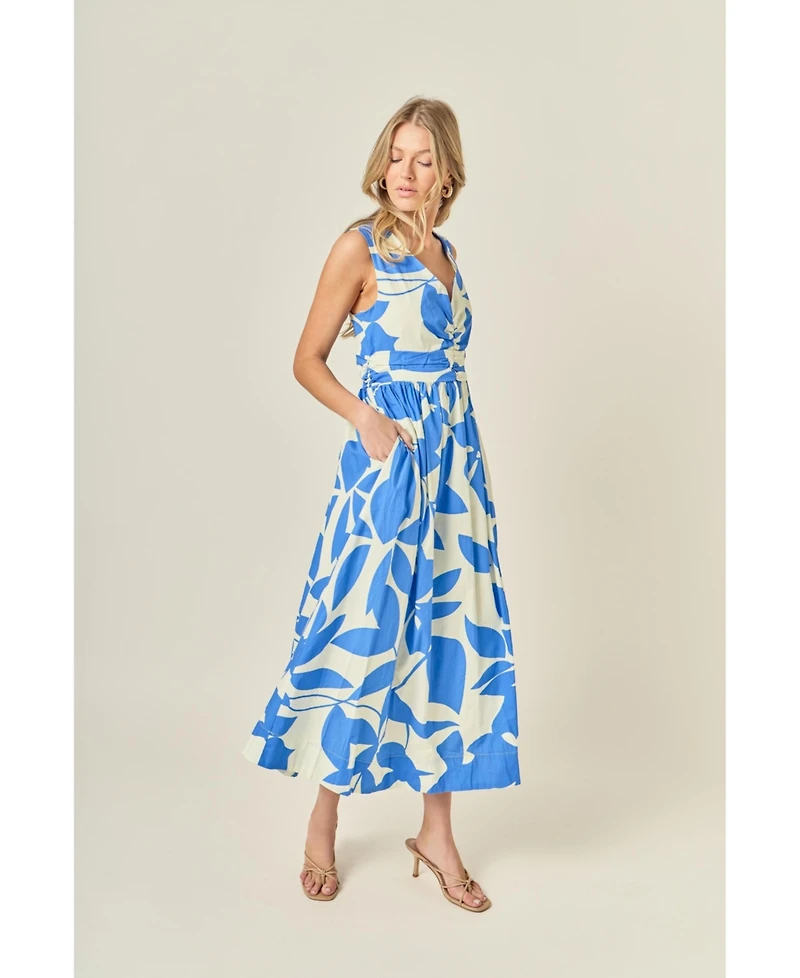 English Factory Women's Puff Sleeve Print Ruched Midi Dress
