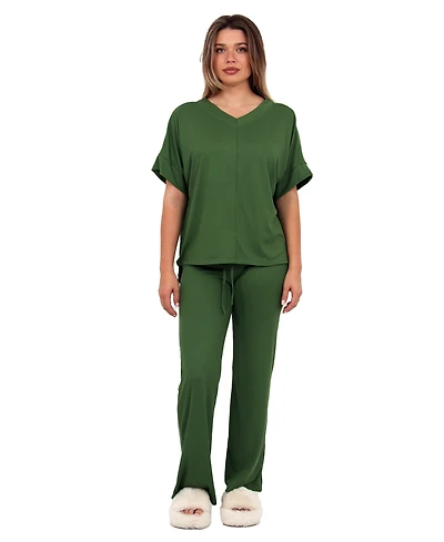 24seven Comfort Apparel Women's V-Neck Top and Drawstring Wide Leg Pant Set
