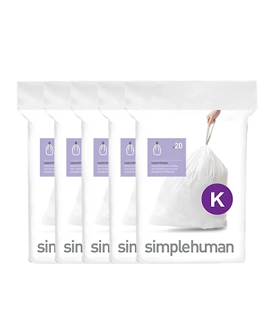 Simplehuman Code K 100pk Custom Fit Liners with 5 Quick Dispense Packs, 35-45L Kitchen Trash Bag Liners