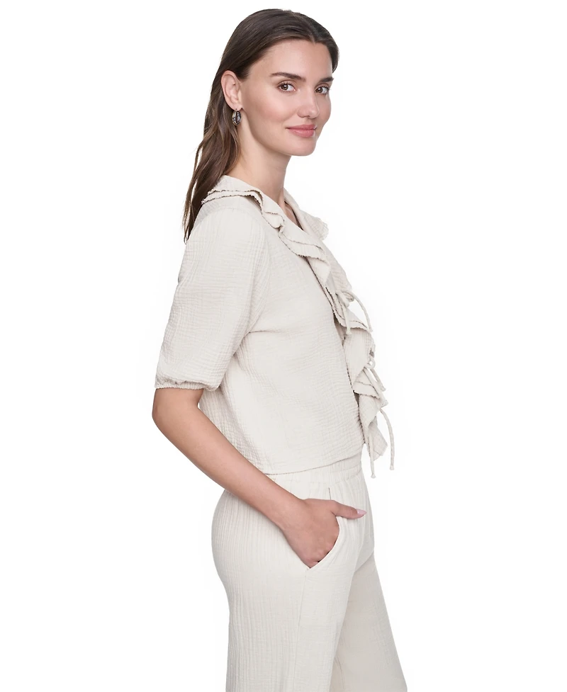 Dkny Jeans Women's V-Neck Short Puff Sleeve Tie-Front Shirt