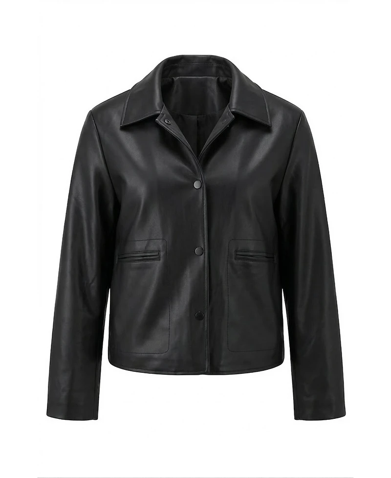 Modenaire Women's Leather Button-Front Collared Jacket