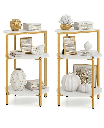 Gymax 2PCS 3-Tier Side Table Round End Table w/Storage Shelves Metal Frame for Bedroom