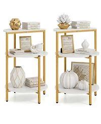 Gymax 2PCS 3-Tier Side Table Round End Table w/Storage Shelves Metal Frame for Bedroom