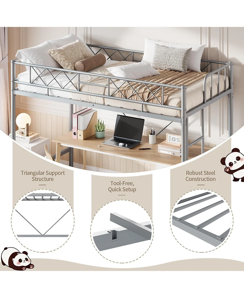 Homfan Metal Loft Bed Frame with Guardrail, Ladder and Underbed Clearance, Box Spring Not Required