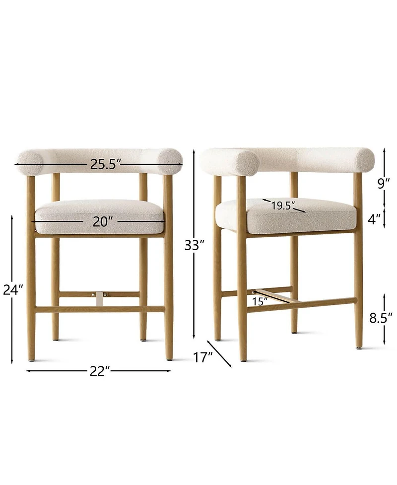 Maison Boucle 24" Counter Height Bar Stools with Arms, Metal Legs, Set of 2