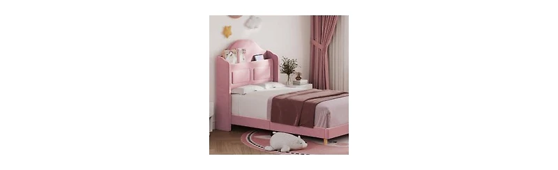 Set of 2 Twin Upholstered Bed for Kids - Soft Padded with Led Night Light, Storage and Sturdy Iron/Plywood/Sponge Frame Easy Assembly