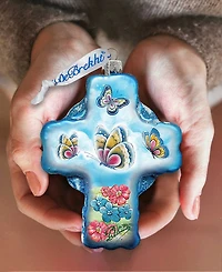 G.DeBrekht Blue Butterflies Cross Glass Ornament