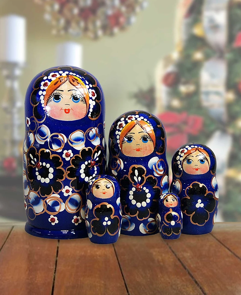 G.DeBrekht Blue Floral 5 Piece Russian Matryoshka Nested Doll Set