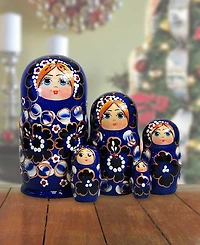 G.DeBrekht Blue Floral 5 Piece Russian Matryoshka Nested Doll Set