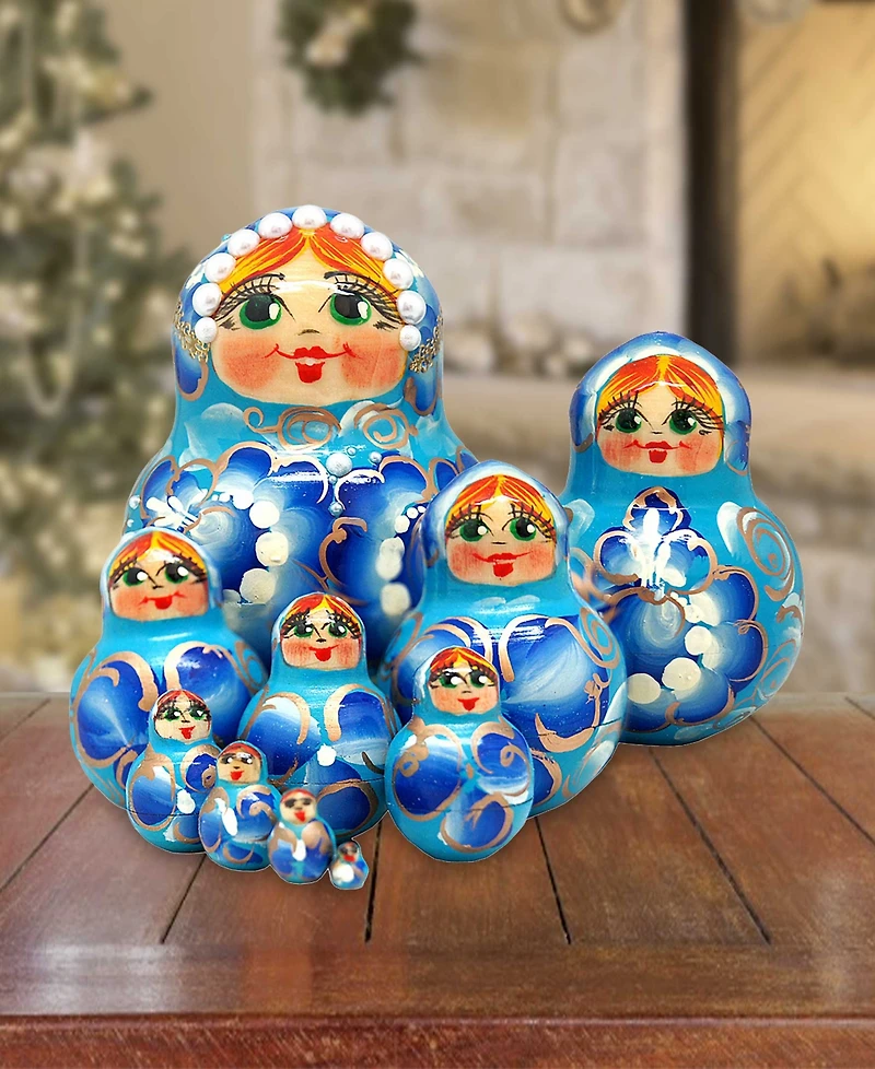 G.DeBrekht Flower In Blue 10 Piece Russian Matryoshka Nested Doll Set
