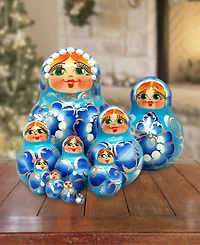 G.DeBrekht Flower In Blue 10 Piece Russian Matryoshka Nested Doll Set