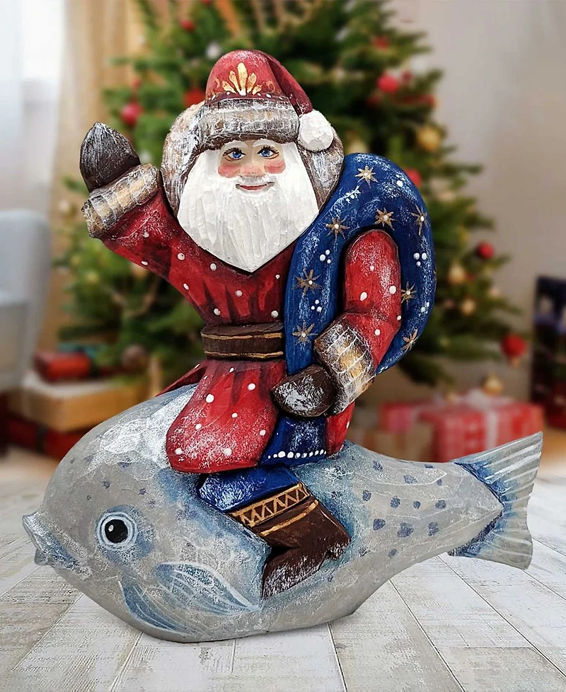 G.DeBrekht Woodcarved Hand Painted Silver Treasure Fish Santa Figurine