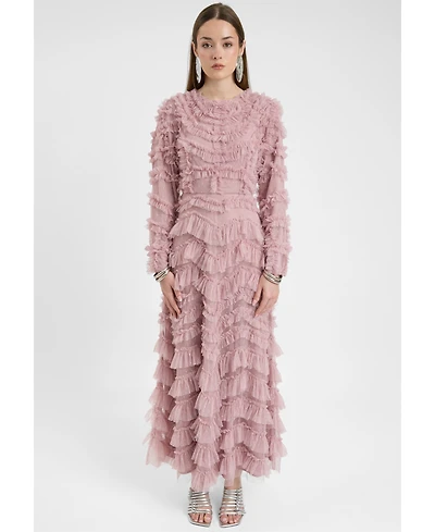 Maryisa Women's Modest Ruffle Dress Maxi With Self Print Mesh