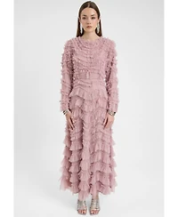 Maryisa Women's Modest Ruffle Dress Maxi With Self Print Mesh