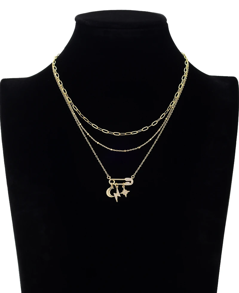 Unwritten Cubic Zirconia Safety Pin Celestial Pendant Trio Necklace Set