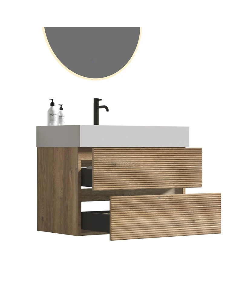 Sillysis Mid-Century Modern Bathroom Vanity with Oak Grille Double Drawers