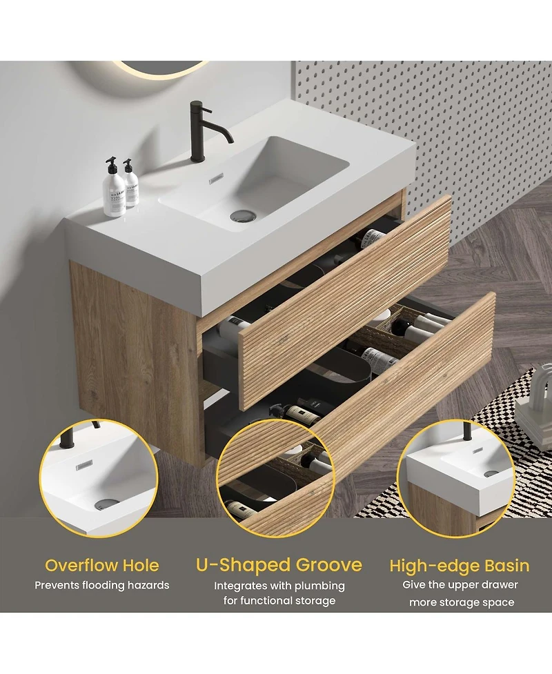 Sillysis Mid-Century Modern Bathroom Vanity with Oak Grille Double Drawers