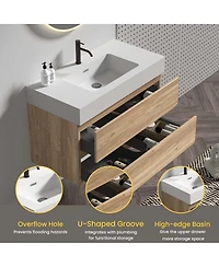 Sillysis Mid-Century Modern Bathroom Vanity with Oak Grille Double Drawers