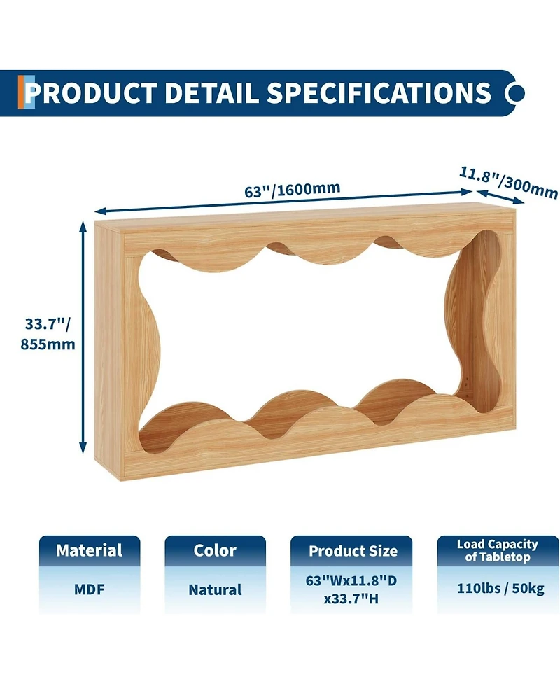 gaomon 63 Inch Farmhouse Scalloped Console Table for Entryway, Narrow Wood Sofa Table Behind Couch with Storage, Rustic Hallway Furniture