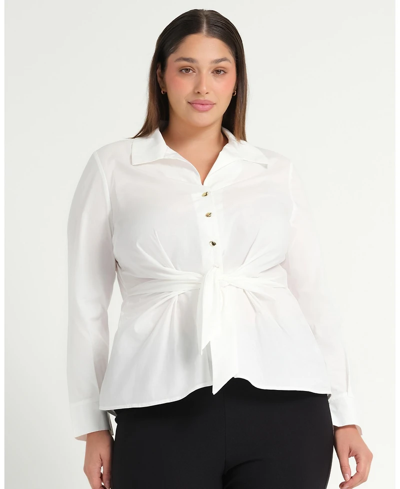 Estelle Plus Sizes Leo Collared V-Neck Button Tie-Front Shirt