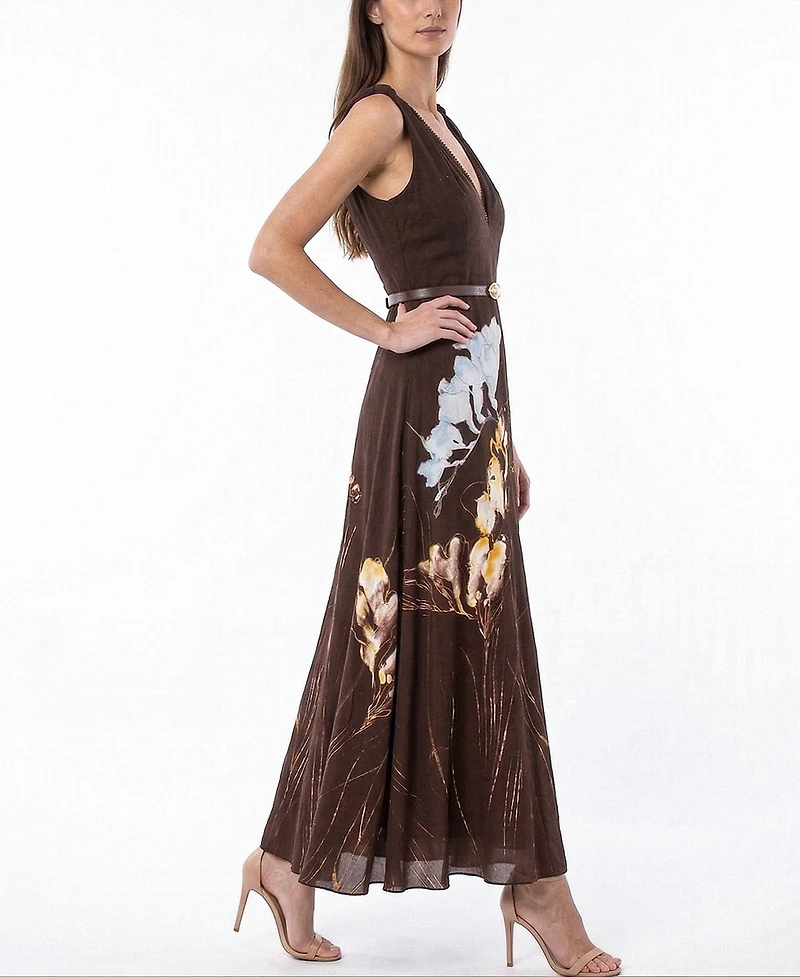 Taylor Women's Floral Belted V-Neck Sleeveless Dress