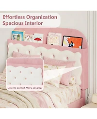 Homfan Velvet Upholstered Bed Frame with Storage Headboard, Footboard Drawer and Wood Slats, Box Spring Not Required