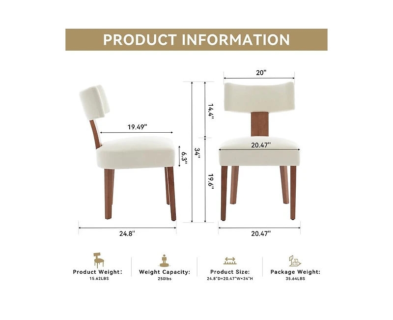 sumyeg Modern Armless Dining Chairs with Linen Fabric Curved Back and Solid Wood Legs Set of 2
