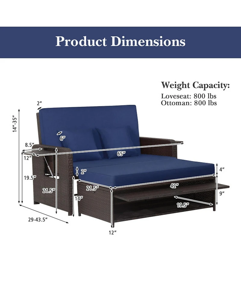 Gouun Outdoor Rattan Daybed Loveseat with 4-Position Backrest and Retractable Side Trays