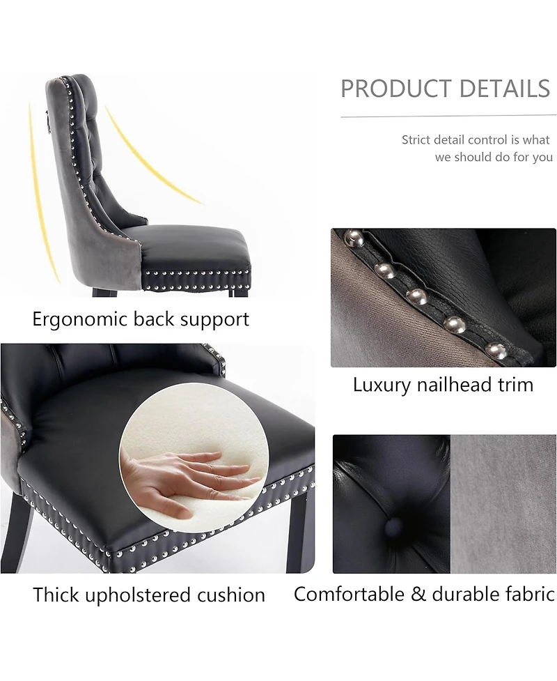 Rainsken Dining Chairs Set of 2, Modern Pu and Velvet Upholstered Kitchen with Wood Legs, Nailhead Trim Button Design for Room