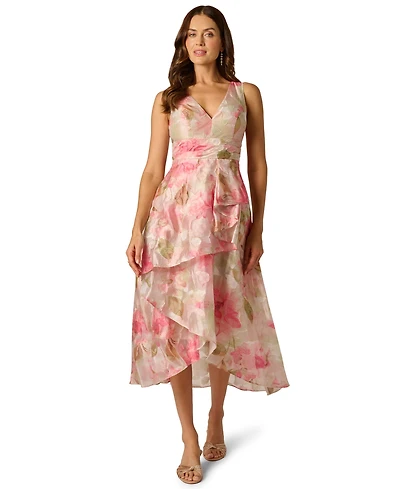 Adrianna Papell Petite Cascade Organza V-Neck Midi Dress