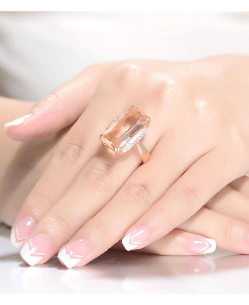 Sterling Silver with Rose Gold Plated Champagne Radiant Cubic Zirconia Solitaire Accented Clear Round Zirconias Cocktail Ring