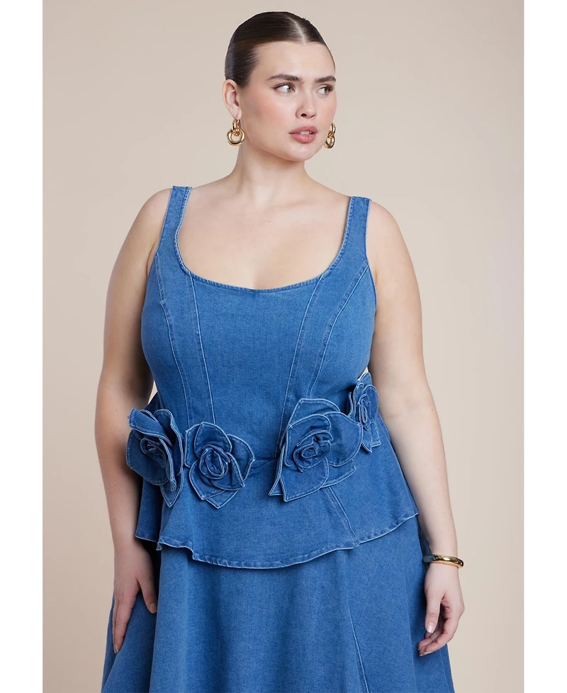 Eloquii Women's Denim Flower Applique Mini Dress