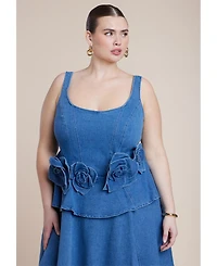 Eloquii Women's Denim Flower Applique Mini Dress