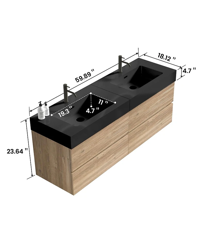 Sillysis Mid-Century Modern Bathroom Vanity with Double Drawers, Quartz Basin