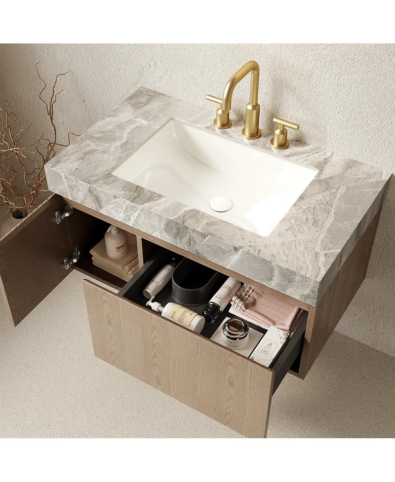 Sillysis Wall Mount Bathroom Vanity with Sintered Stone Top, Ceramic Undermount Sink, Soft Close Storage Cabinet