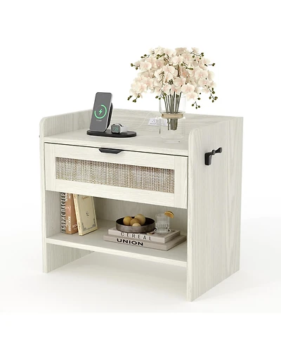 gaomon Home 1-Drawer Nightstand Wood Rattan Storage Side Table