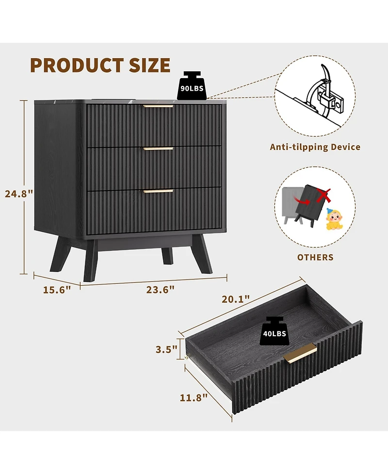 gaomon Home Set of 2, 3-Drawer Nightstand Wooden Storage Cabinet