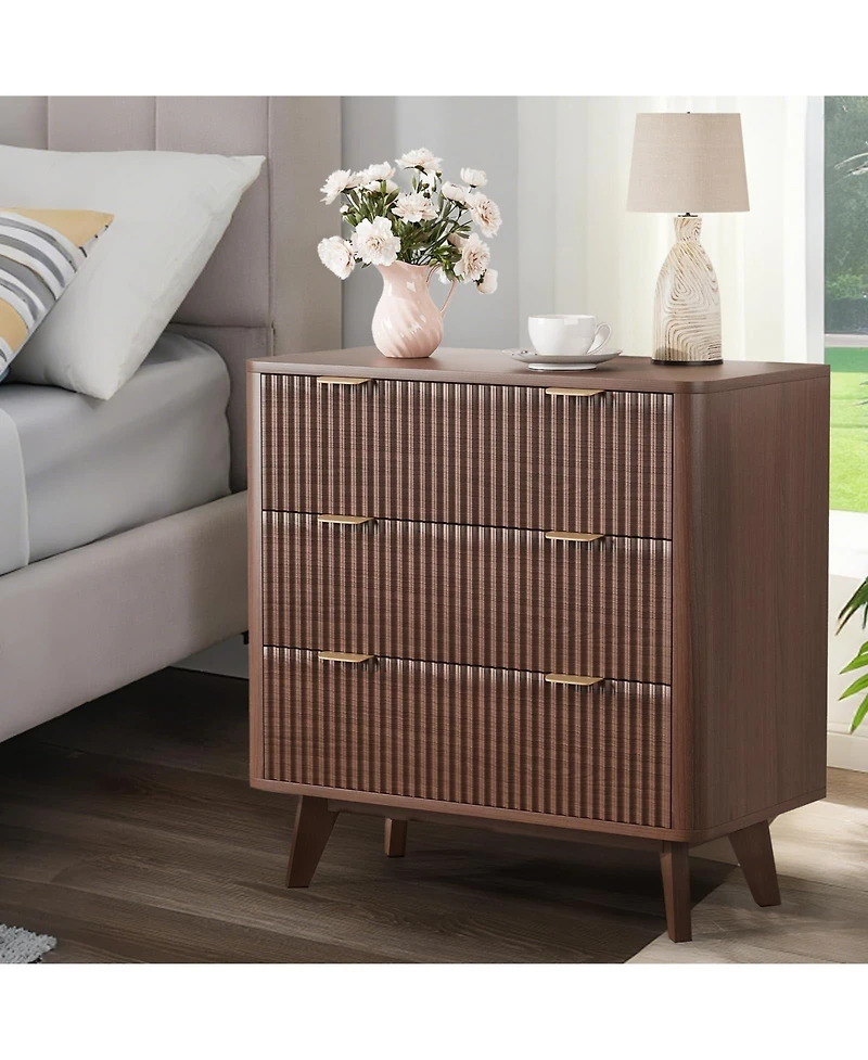 gaomon Home 3-Drawer Fluted Wood Nightstand, Faux Marble Top Bedside Storage Table, 2-Pack