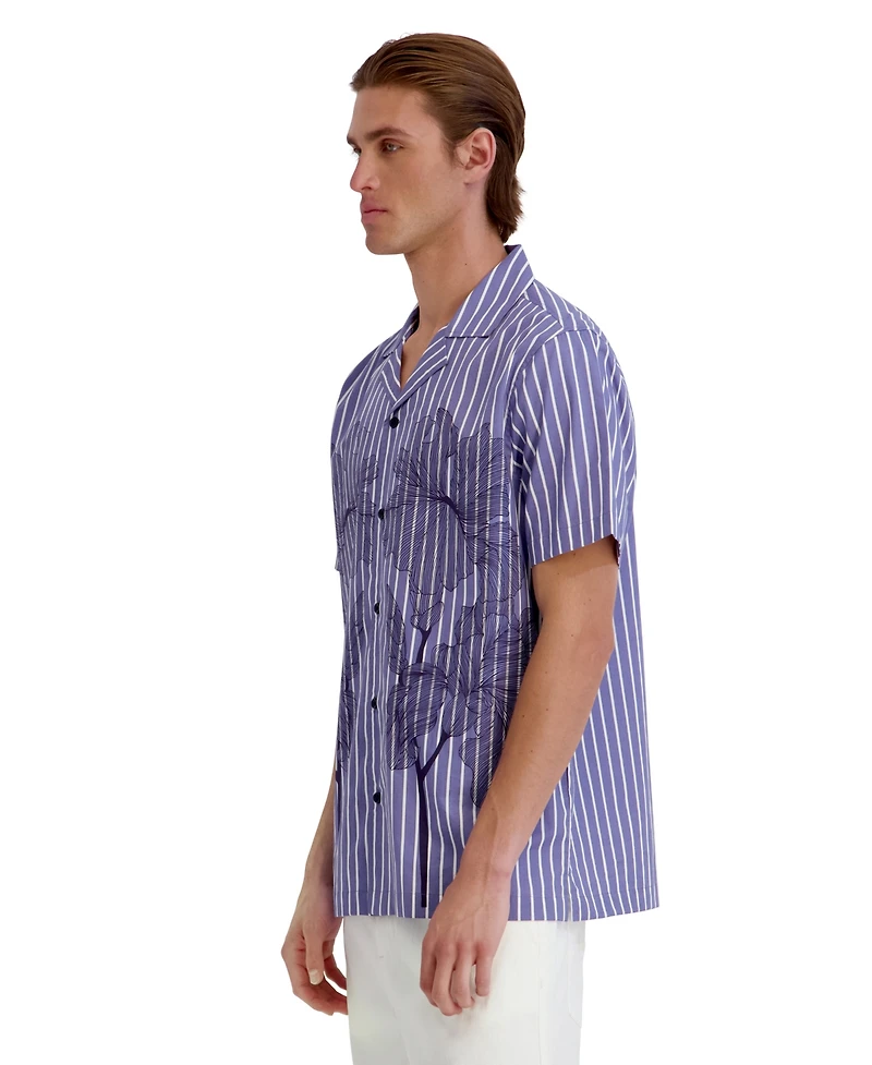 Karl Lagerfeld Paris Men's Printed Floral Stripe Camp Collar Shirt