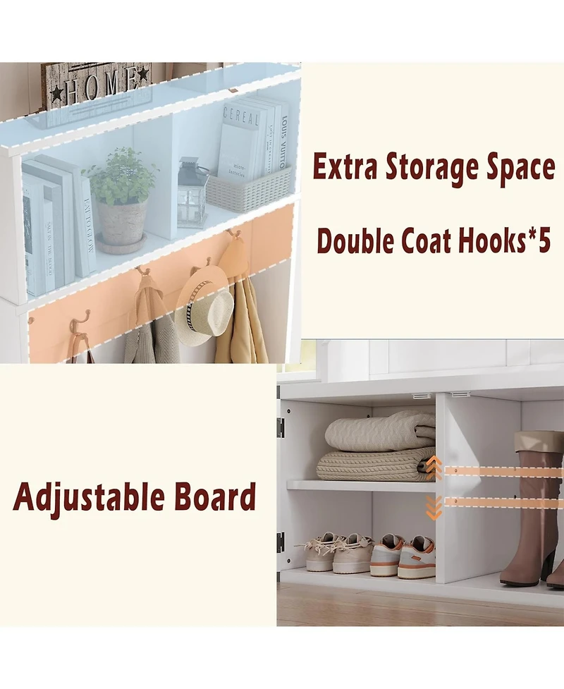 gaomon 76" Hall Tree with Bench and Shoe Storage, Farmhouse 4-in-1 Entryway with Coat Rack and 5 Tri-Hooks, Adjustable Shelf